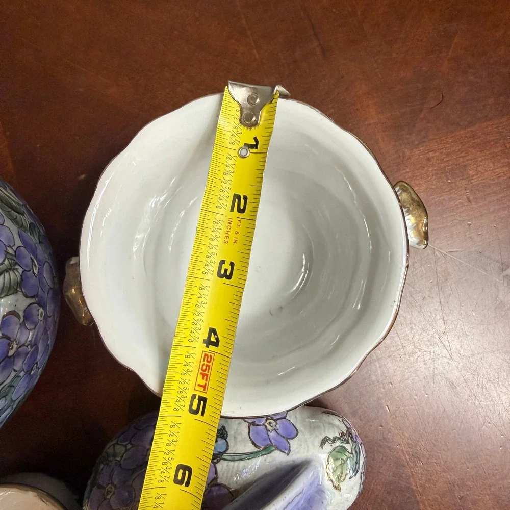 Purple Floral Ceramic Decor Set  Vase Rabbit Egg Gold Trim Chinoiserie